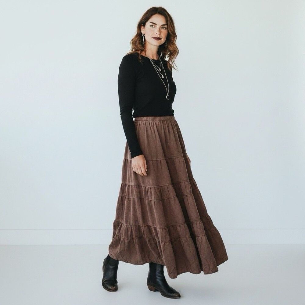 Chocolate Brown Faux Suede Western Cottagecore Fairy Boho Tiered Maxi Skirt M